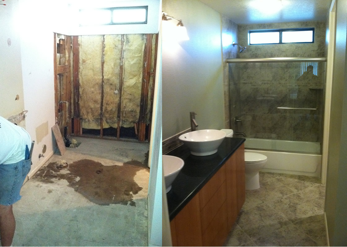 Picture of a bathroom before and after remodeling.